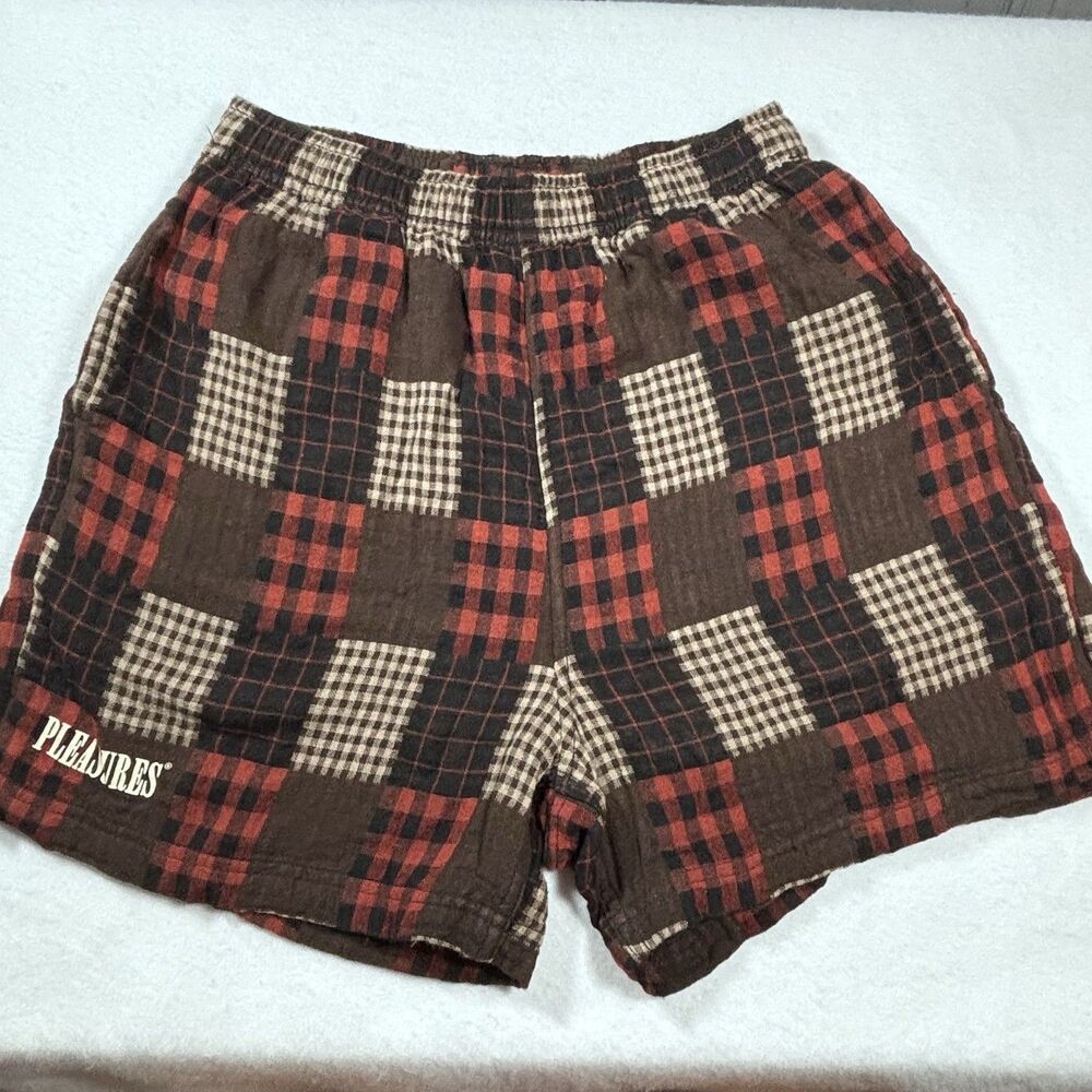 PLEASURES Cotton Plaid Lounge Shorts Men's M Red Black Patchwork